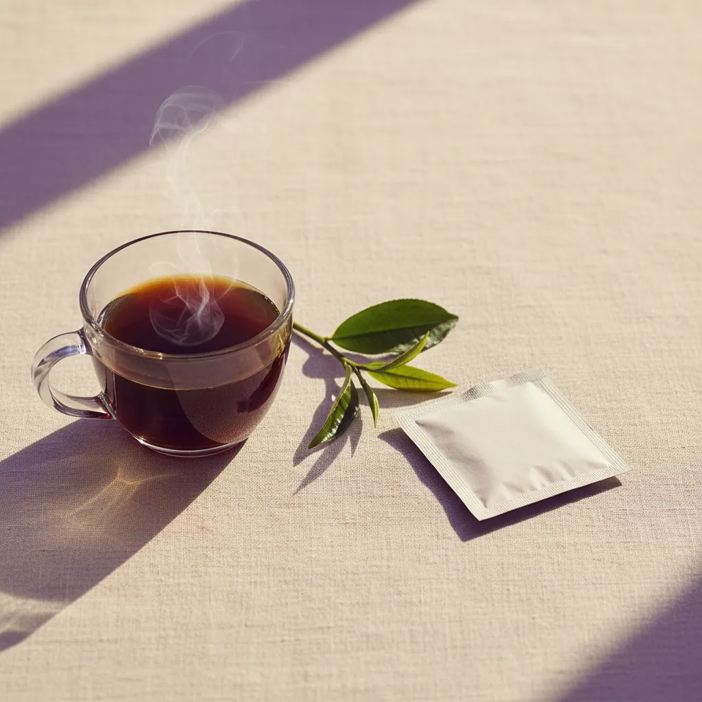 Kaffeetasse am Morgen neben einem Wellaray Coffee Sachet auf hellem Leinentuch