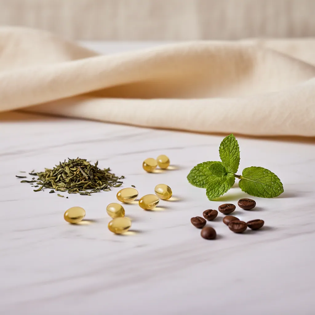 Natürliche Zutaten des Slim Coffee Boosters: Grünteeblätter, Kaffee, Vitaminkapsel auf Marmoruntergrund