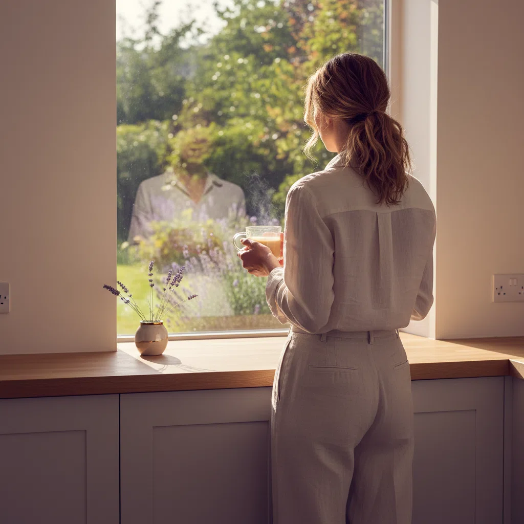 Anonyme Person von hinten hält eine Glastasse Kaffee am Küchenfenster im Morgenlicht